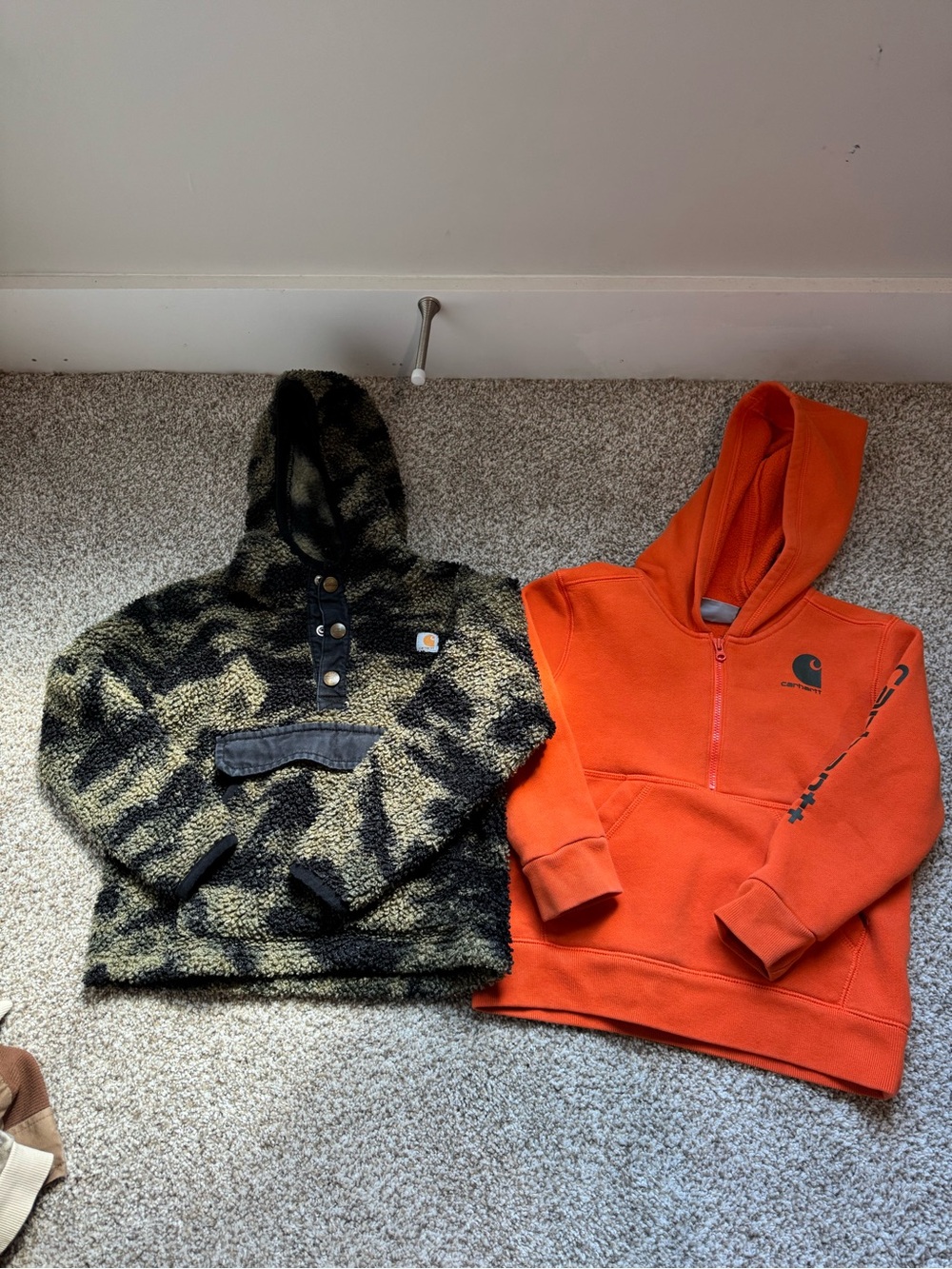Carhartt Kids Orange Half-Zip Hoodie and Camouflage Sherpa Pullover